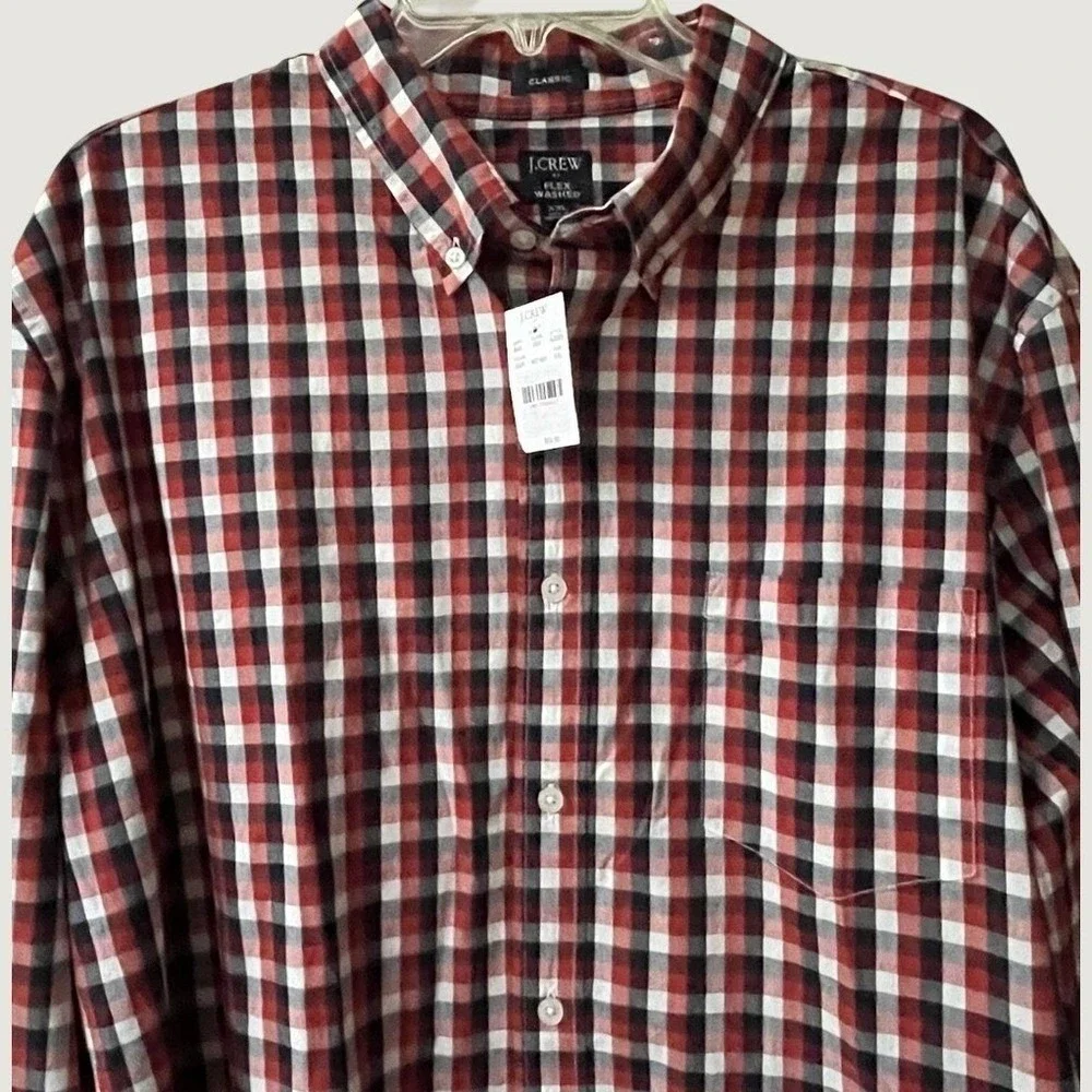 J Crew Long Sleeve Plaid Button Down Shirt Mens XXL Red Navy Flex Preppy NWT